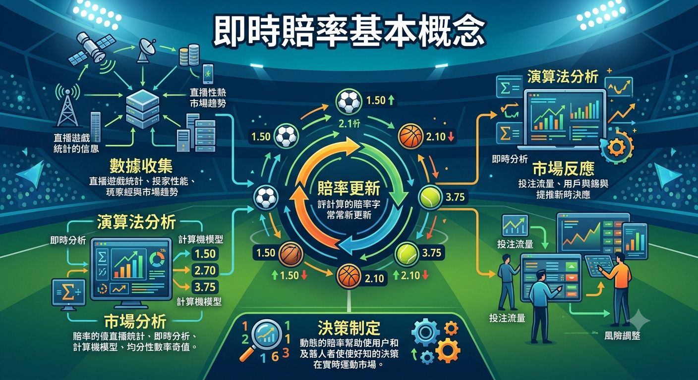 這張圖表以體育賽事背景呈現,中心展示了即時賠率的更新循環與計算機制。 圖中詳細解析了數據收集、演算法分析及市場反應如何共同作用,協助用戶做出明智的決策。