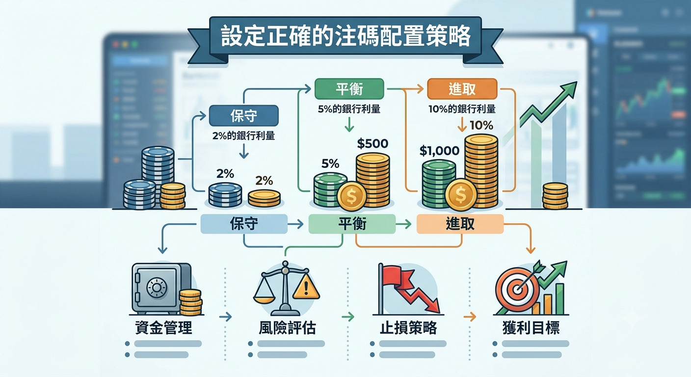這張圖表以「設定正確的注碼配置策略」為標題,展示了從保守、平衡到進取的資金管理路徑。 下方透過金庫、天平與獲利目標等圖示,直觀地傳達了風險評估與止損策略的重要性。