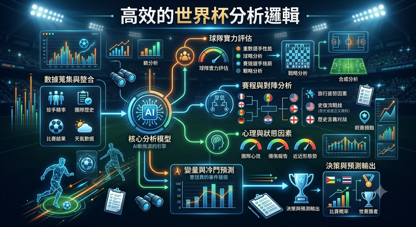 這張圖表展示了人工智慧驅動的「高效世界盃分析邏輯」，透過數據整合、核心模型演算與變數預測，構建出完整的賽事評估系統。 整體設計以科技感呈現，將球隊實力、對陣賽程及心理狀態等關鍵因素串聯，最終輸出精確的勝負機率與賽果預測。