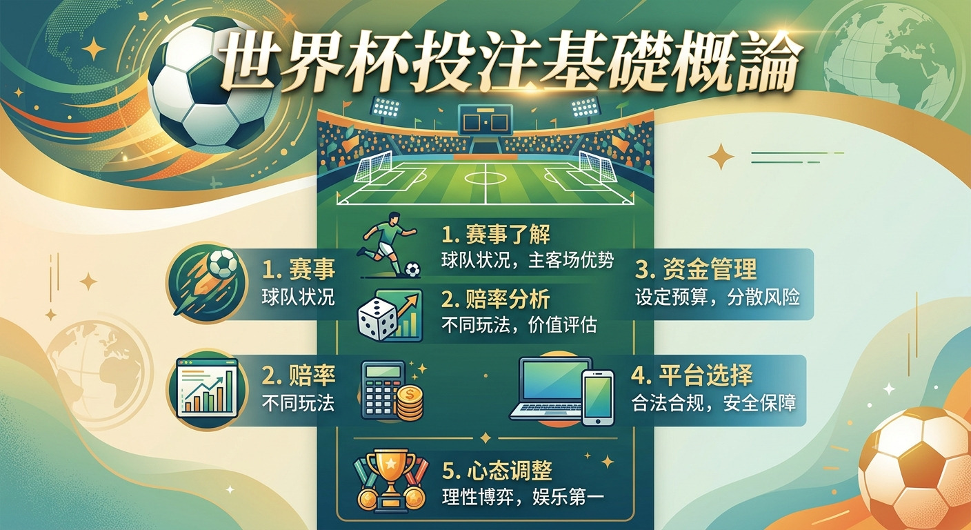 這是一張以「世界盃投注基礎概論」為主題的資訊圖表,背景結合了足球元素與專業數據分析的視覺風格。 圖像以清晰的佈局呈現了投注的核心要點,包含賽事分析、賠率評估、資金管理及心態調整等專業知識框架。