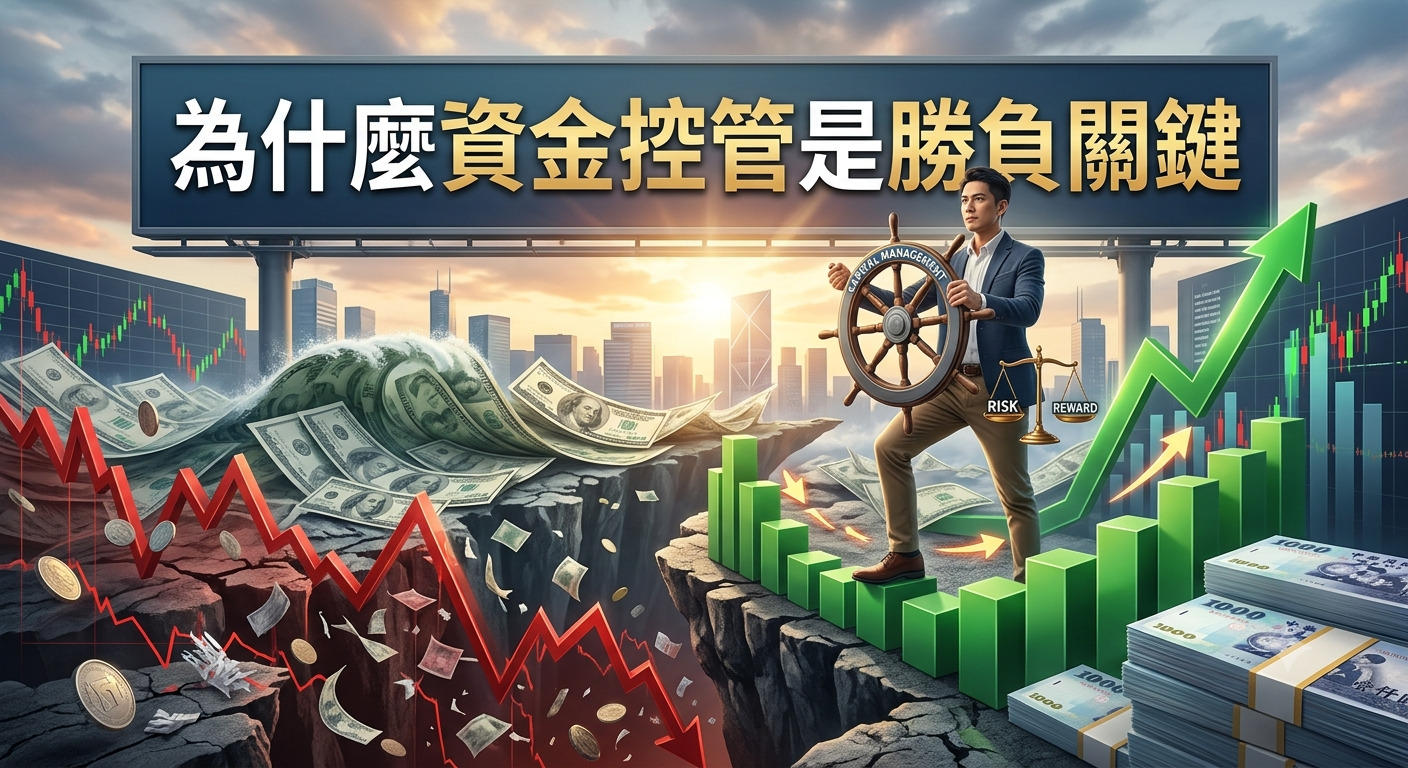 這張圖片描繪了一位投資者在動盪的金融市場中,手握舵輪與天平,象徵著資金控管是穩住獲利、避開風險的關鍵。 背景呈現出市場波動與收益的強烈對比,強調了嚴謹的資金管理策略對於投資成敗的決定性影響。