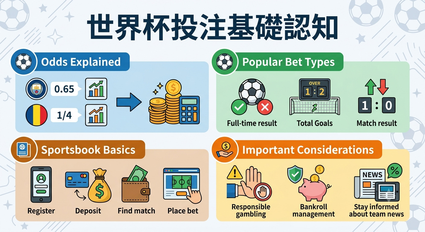這張圖表清晰地介紹了世界盃投注的基礎知識，涵蓋賠率說明、常見投注類型、操作流程及風險管理建議。 設計風格簡約直觀，透過圖標與分類，幫助初學者快速理解參與賽事投注的核心概念與注意事項。
