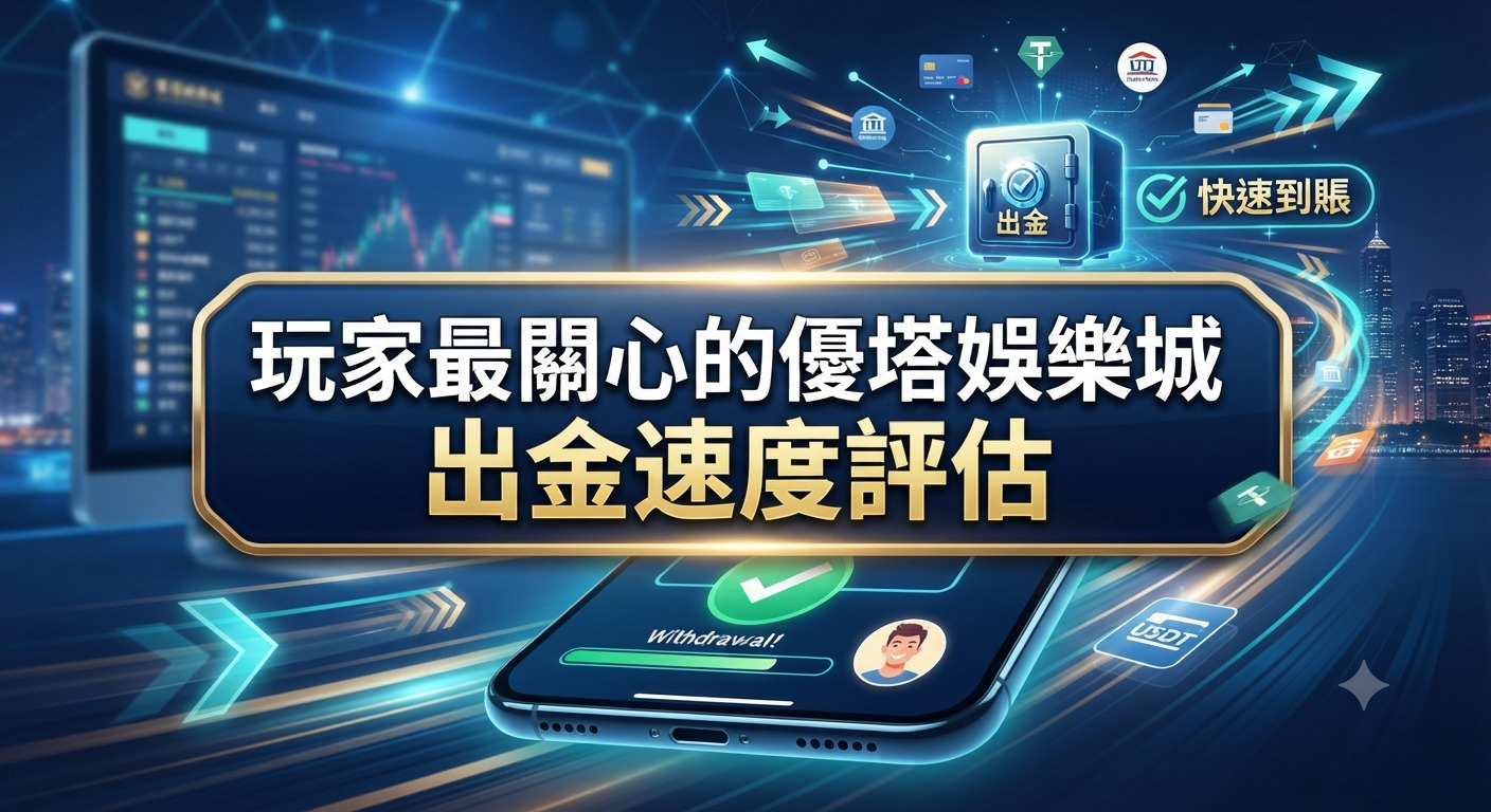 圖片展示了關於「玩家最關心的優塔娛樂城出金速度評估」主題,透過科技感背景與手機提现畫面突顯快速到帳的概念。 整體設計專業清晰,精準呈現娛樂城金流速度評估的核心視覺訴求。