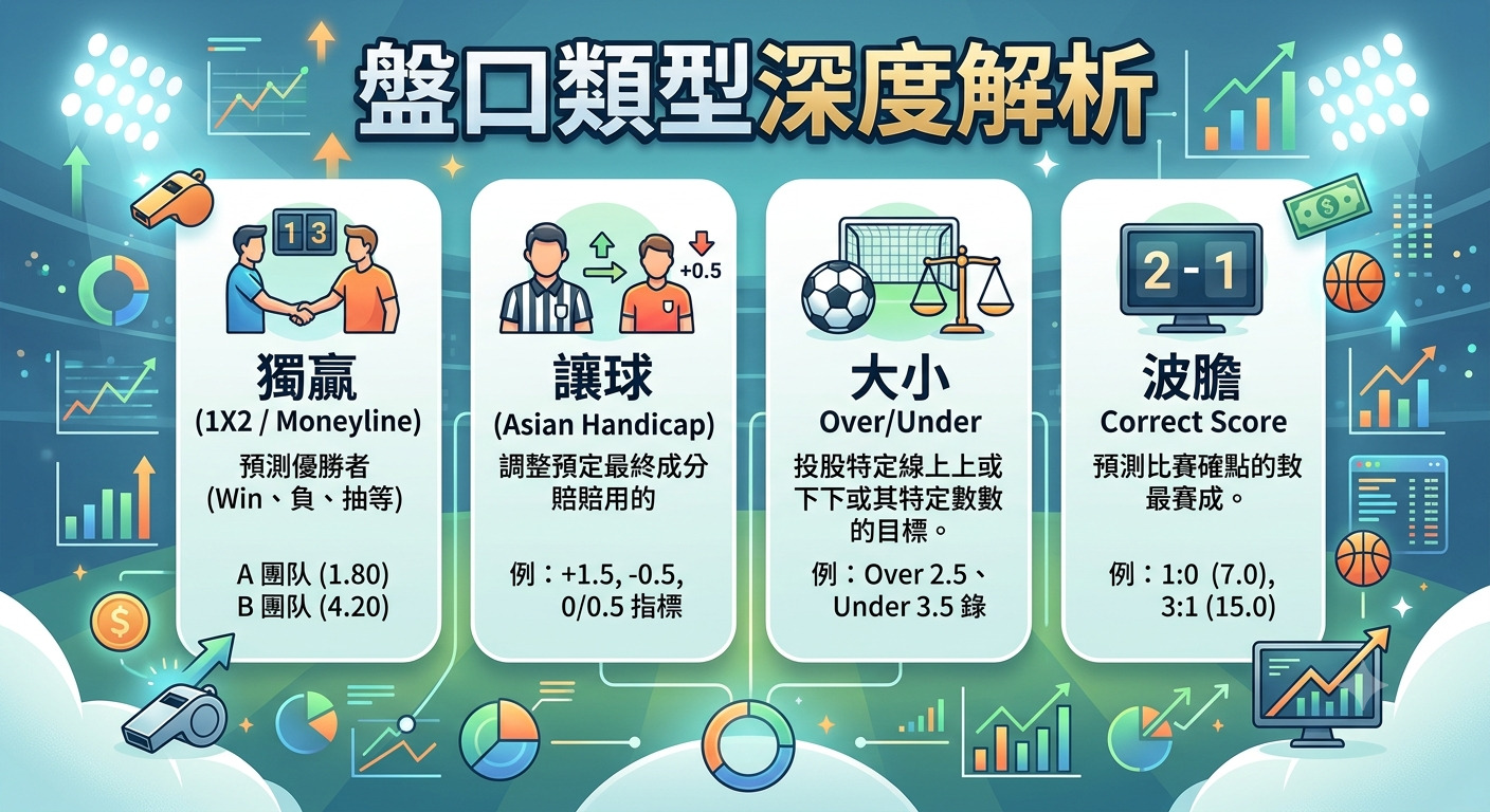 這張圖表以「盤口類型深度解析」為標題,簡要概括了體育博彩中常見的四種盤口玩法。 圖像透過視覺化設計呈現了獨贏、讓球、大小盤及波膽的核心概念,適合用於快速了解賽事分析。