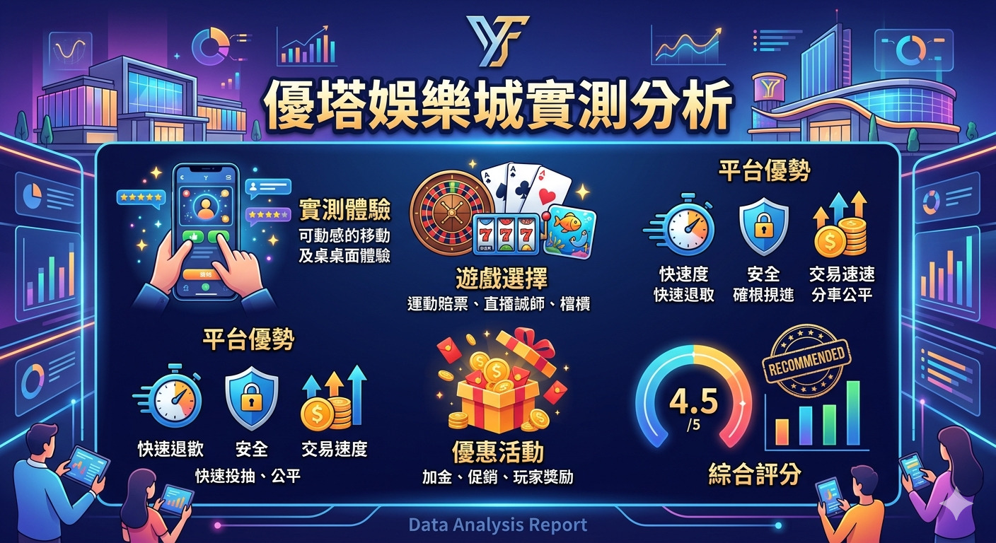 這是一張以「優塔娛樂城實測分析」為標題的數據分析圖表。 內容呈現了平台的遊戲選擇、優勢、優惠活動與綜合評分等測試結果。
